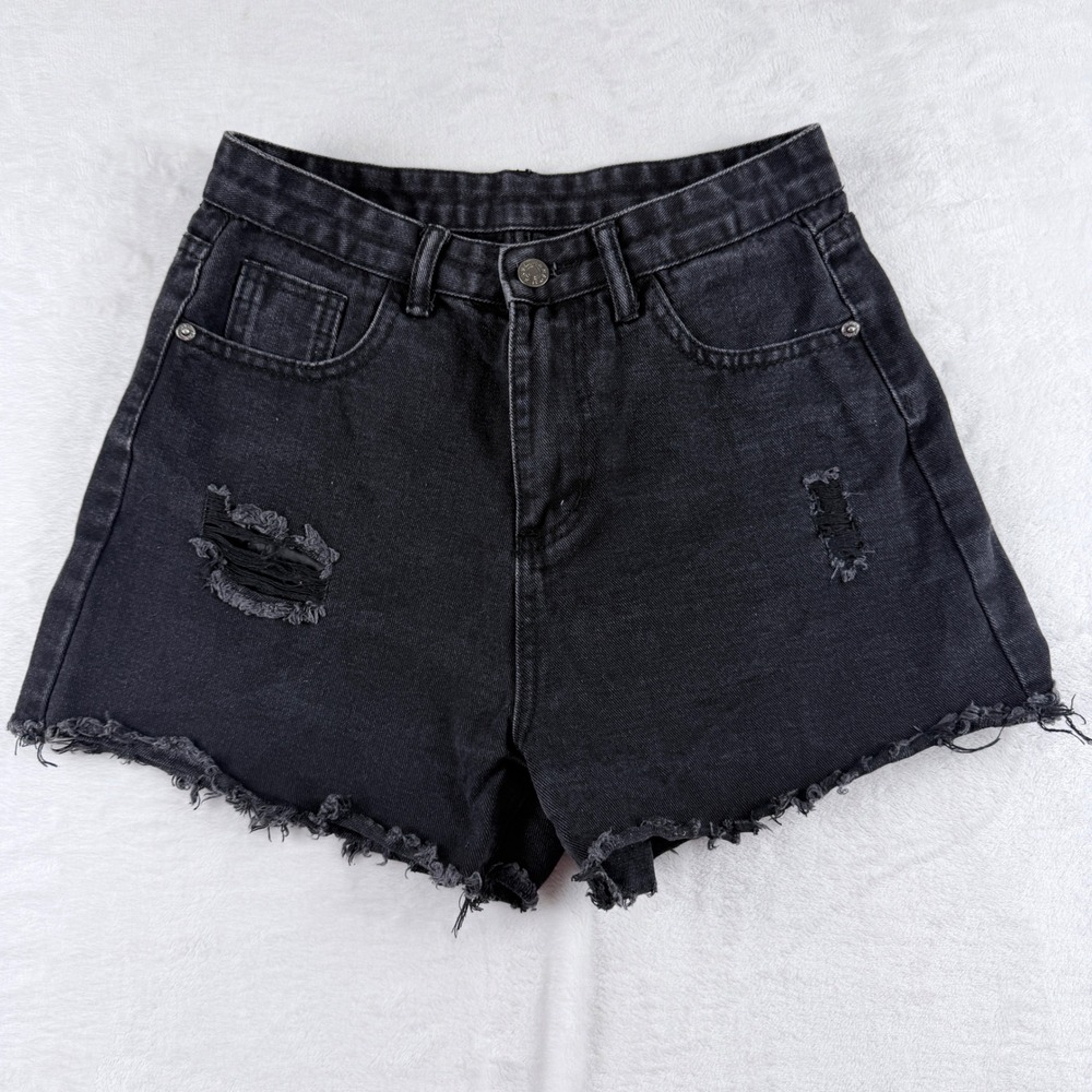 SHEIN Denim Shorts Distressed‎ Black Raw Hem Size S